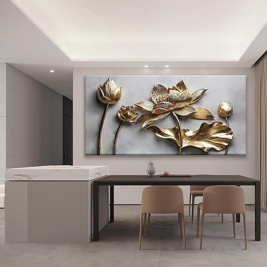 Large Wall Art For Living Room Floral Wall Artwork Modern Canvas Art Wall Decor 29" X 58" Painting Gold Flower Wall Art For Bedroom Hotel Office Apartment Decoration