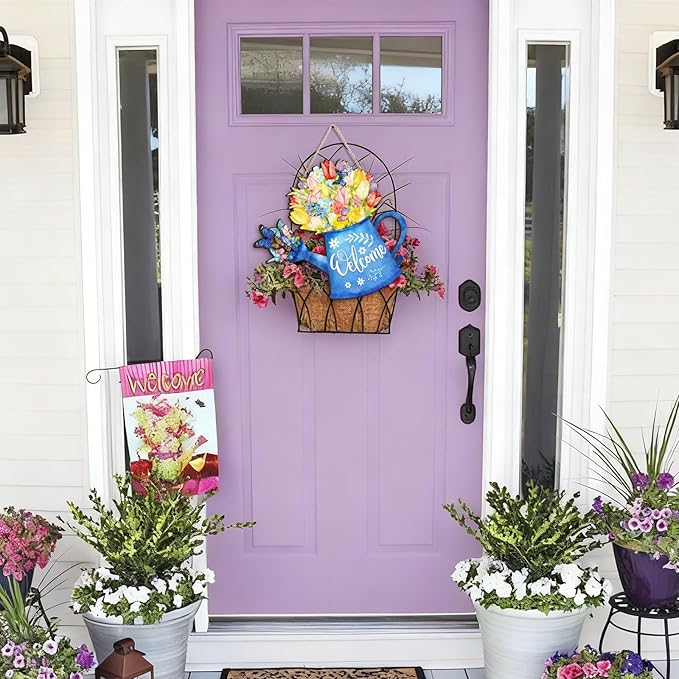 Kercan Easter Cross Wall Decoration with Purple Fabric, White Lily Flowers and Dove, He is Risen Wood Sign, 14.2x9.8 Inch Religious Home Decor (Water Can)