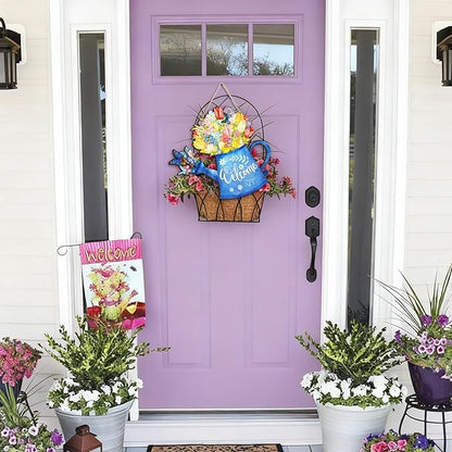 Kercan Easter Cross Wall Decoration with Purple Fabric, White Lily Flowers and Dove, He is Risen Wood Sign, 14.2x9.8 Inch Religious Home Decor (Water Can)