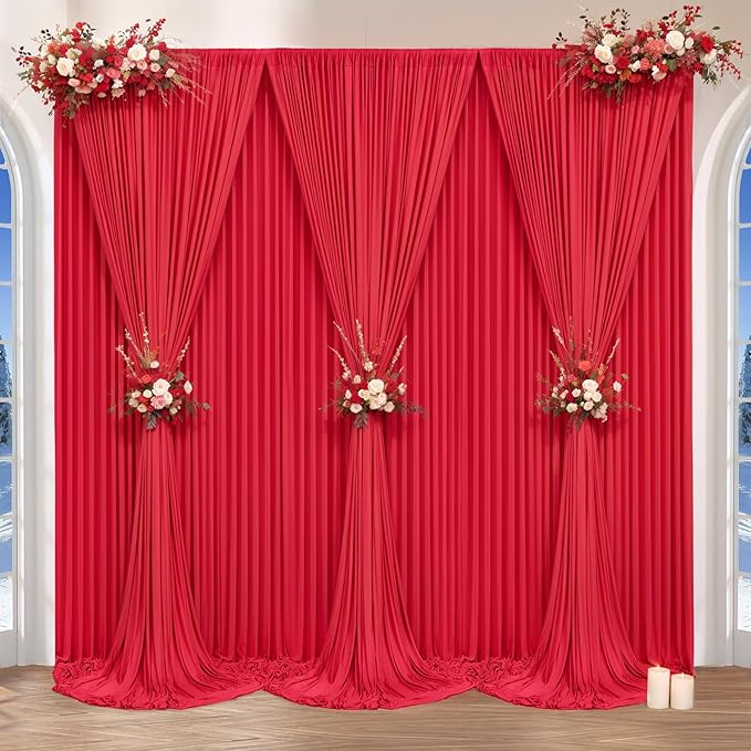 24 x 10ft Red Backdrop Curtains Photo Background Curtains 6 Panels (10'L x 4'W Each) with Rod Pocket, No-Wrinkle Polyester Backdrop Drapes for for Wedding Birthday Party Christmas Prom Dj Set up Event