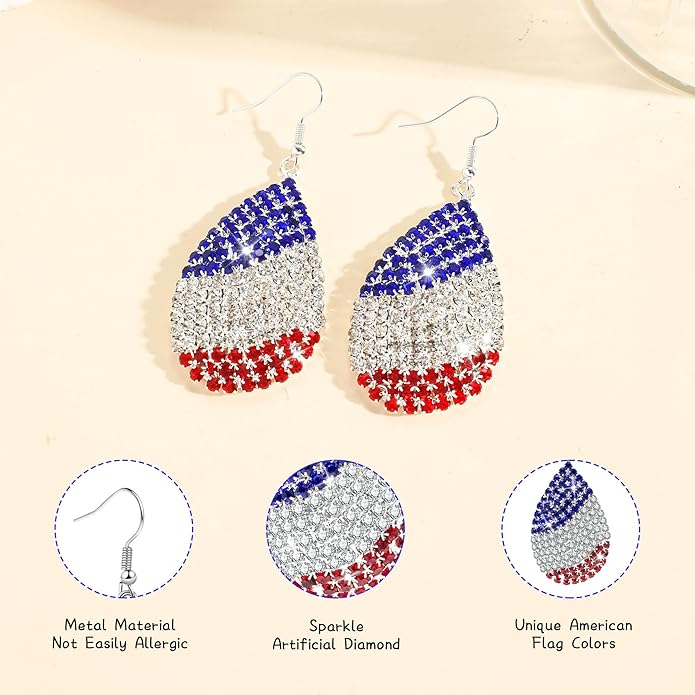 4th of July Independence Day Patriotic Earring for Women American Flag Dangle Earrings Patriotic Red White Blue USA Earring, Pave Crystal Stud