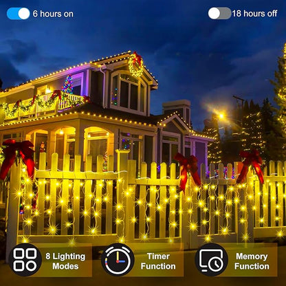 612 LED 60FT Christmas Lights with 136 Drops, 12 Modes Dimmable Warm white Outdoor Hanging Lights with Timer Memory, Waterproof Curtain Lights for Home Bedroom Indoor Tree Window Roof Fence Wedding