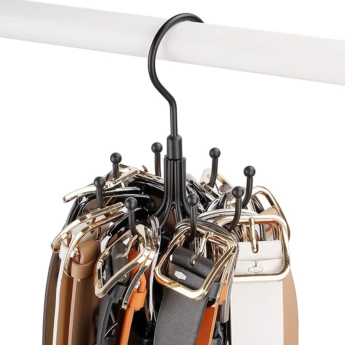 ZEDODIER 2 Pack Belt Organizer for Closet, Heavy-Duty Rotating Belt Hanger Rack Holds up to 48 Belts, Hanging Space Saving Metal Belt Holder for Closet Storage, Black