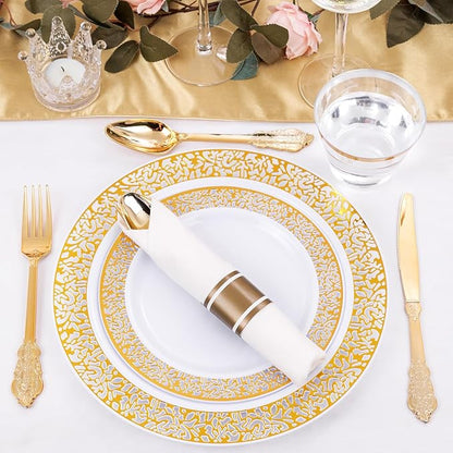 DaYammi 210 PCS Thanksgiving Gold Plastic Plates, Thanksgiving Plastic Dinnerware Sets, Includes: 30 Dinner Plates, 30 Salad Plates, 30 Pre Rolled Napkins with Gold Silverware and 30 Cups 9 OZ
