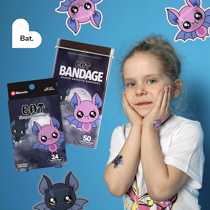 BioSwiss Kids Bandages, Halloween Bat Shaped Self Adhesive Bandage Set, Latex Free, Sterile Wound Care, 50 Count