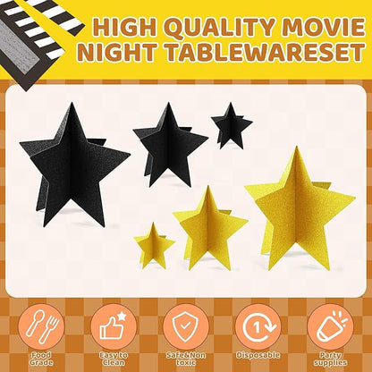 70 Pcs Black and Gold Star Centerpieces Black and Gold Party Birthday Decorations 3D 2025 Graduation Table Decor 3 Sizes 8" 5" 3" Red Carpet Film Show Theme Engagement Anniversary Supplies