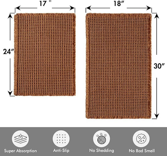 MIULEE Set of 2 Waffle Bathroom Rugs, Fall Boho Bath Rugs Non Slip Washable, Super Absorbent Bath Mats, Ultra Soft Rubber Backed Shower Mats for Bathroom Floor, Tub, Terracotta, 17"x24"+18"x30"