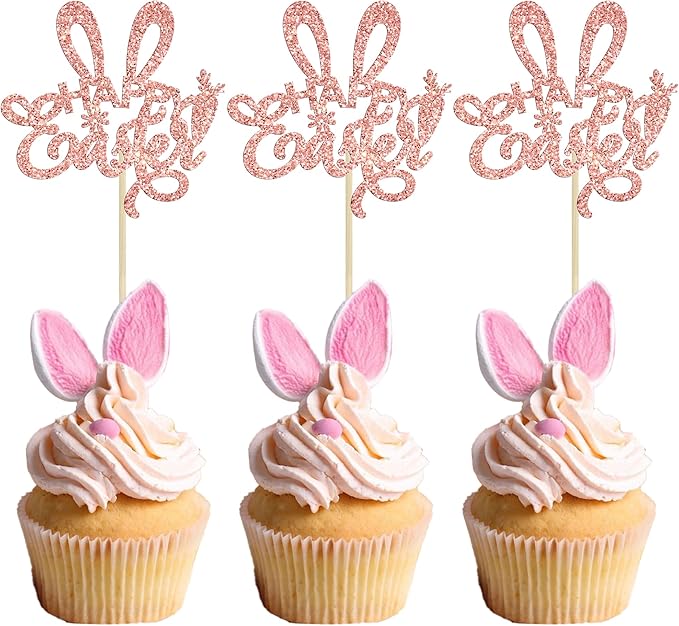 Ephlyn 24Pcs Rose Gold Glitter Easter Rabbit Ear Cupcake Picks Decorations for Happy Easter Day Theme Baby Shower Kids Birthday Party Supplies