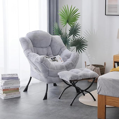 LITA Lazy Chair with Ottoman, Modern Accent Leisure Upholstered Sofa Chair, Contemporary Lounge Reading Chairs with Armrests and a Side Pocket for Living Room, Bedroom & Small Space, Plush Grey