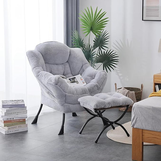 LITA Lazy Chair with Ottoman, Modern Accent Leisure Upholstered Sofa Chair, Contemporary Lounge Reading Chairs with Armrests and a Side Pocket for Living Room, Bedroom & Small Space, Plush Grey
