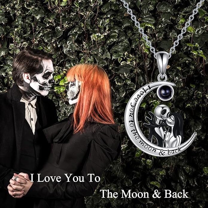 LILALO Christmas Gifts Nightmare Necklace Sterling Silver Abalone Shell Crystal Jack and Sally Necklace Jack Skellington Skull Jewelry Skull Necklaces for Women