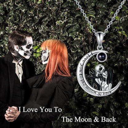 LILALO Christmas Gifts Nightmare Necklace Sterling Silver Abalone Shell Crystal Jack and Sally Necklace Jack Skellington Skull Jewelry Skull Necklaces for Women