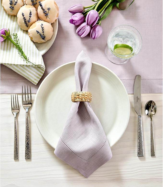 Solino Home Linen Napkins Set of 6 - Classic Hemstitch 100% Pure Linen Lilac Dinner Napkins Cloth 20 x 20 Inch - Handcrafted and Machine Washable