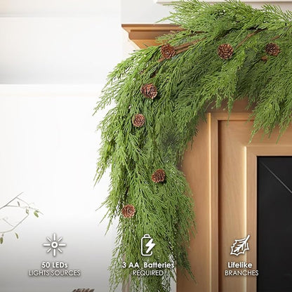 WBHome Real Touch Cypress Cedar & Pine Cone Evergreen Garland for Christmas Holiday Seasonal Outdoor/Indoor Home Decor, 6FT Long