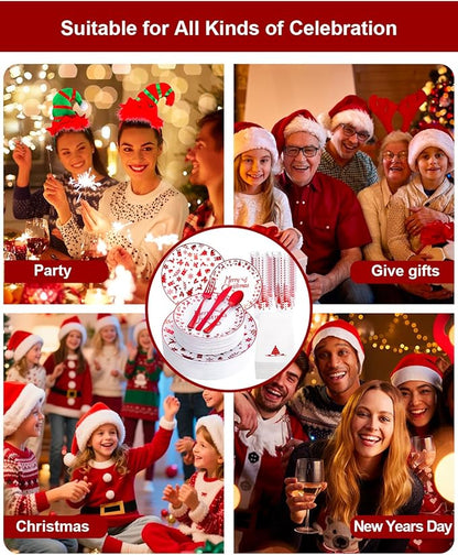 Ciaell 175PCS Christmas Plastic Plates - Red Plastic Plates - Christmas Disposable Dinnerware Sets Include 50Plates, 75Silverware, 25 Cups and 25Napkins for Xmas Parties