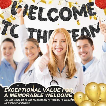 Fulmoon Pre Strung Welcome to The Team Banner with Two Heart Signs, NO DIY, Glitter Welcome Party Supplies for New Employee, Coworker, Colleague, Staff, Team Member Office Decorations(Black)