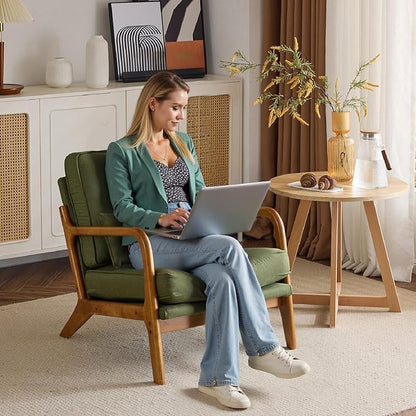 Karl home Accent Chair Mid-Century Modern Chair with Pillow Linen Fabric Upholstered Lounge Arm Chair with Solid Wood Frame & Soft Cushion for Living Room, Bedroom, Balcony, Green