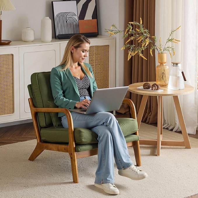 Bonnlo Dark Green Linen Mid Century Modern Accent Chair, Soild Wood Padding Lounge Armchairs Side Sitting Chairs for Living Room, Bedroom, Guest Room