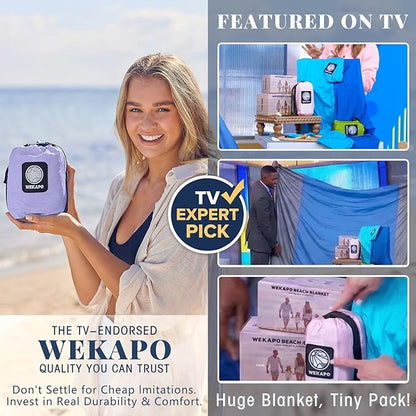 WEKAPO Beach Blanket Sandproof Waterproof, Extra Large Beach Mat, Oversized & Compact Sand Free Mat Quick Drying, Lightweight & Durable with Stakes & Corner Pockets