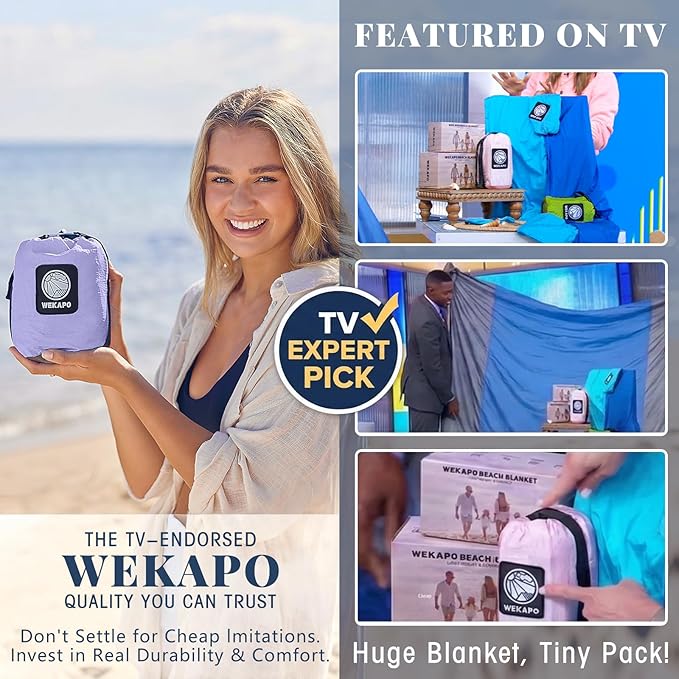 WEKAPO Beach Blanket Sandproof Waterproof, Extra Large Beach Mat, Oversized & Compact Sand Free Mat Quick Drying, Lightweight & Durable with Stakes & Corner Pockets