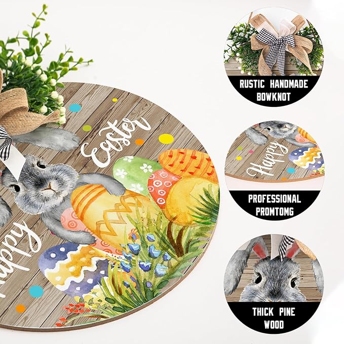 Harooni Rustic Wooden 12x12in Happy Easter Door Sign with Bow, Bunny & Easter Eggs, Perfect for Front Door, Wall, Window, Indoor/Outdoor Use