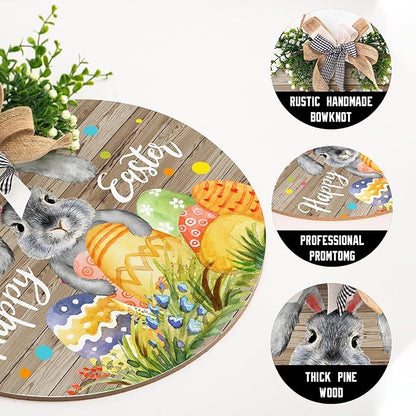 Harooni Rustic Wooden 12x12in Happy Easter Door Sign with Bow, Bunny & Easter Eggs, Perfect for Front Door, Wall, Window, Indoor/Outdoor Use