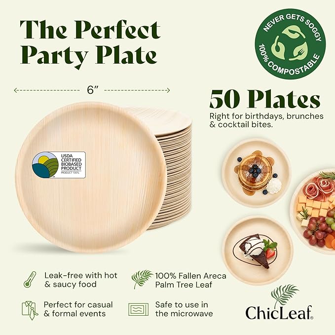 Chic Leaf Palm Leaf Plates - 6" Pack of 50 - Eco-Friendly Compostable Plate - Versatile Appetizer Dish Thanksgiving Dinner and Christmas