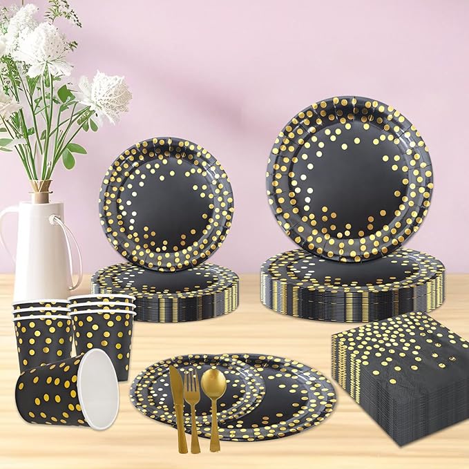 175pcs Disposable Black and Gold Paper Plates and Napkins, Golden Dot Paper Plates Napkins Dinnerware Set Serves 25 Guests for Birthday,baby shower,Party