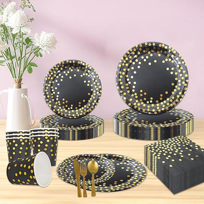 175pcs Disposable Black and Gold Paper Plates and Napkins, Golden Dot Paper Plates Napkins Dinnerware Set Serves 25 Guests for Birthday,baby shower,Party