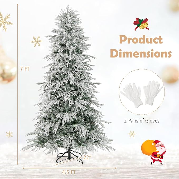 GOFLAME 7FT Pre-lit Artificial Christmas Tree, Snow Flocked Hinged Xmas Tree with 340 Warm White LED Lights, 820 Branch Tips and Folding Metal Stand, Holiday Decoration Tree for Home Party