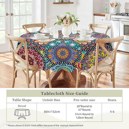 Eikione Boho Round Tablecloth, 60inch Bohemia Table Cover, Colorful Polyester Waterproof Stain Resistant, Wrinkle Free, Circle Tablecloth for Indoor and Outdoor Use