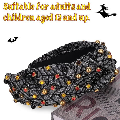 Halloween Headbands for Women, Spider Web Black Pearl Rhinestone Wide Jeweled Knotted Headband, Crystal Beaded Jeweled Top Knot Embellished Headband Hair Accessories Halloween Birthday Gift
