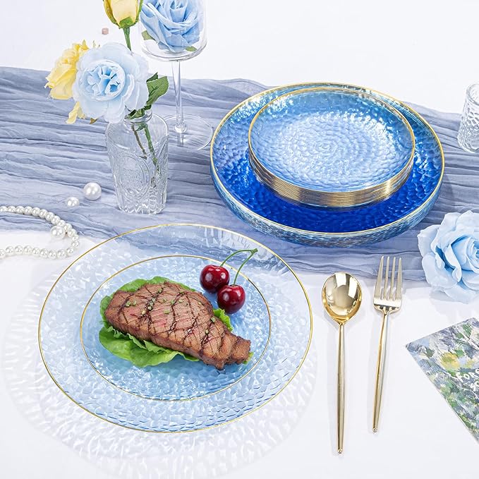 SUT 100Pcs Blue Plastic Plates, Hammered Plates Disposable Heavy Duty, Blue Disposable Plates With Gold Rim, Fancy Plastic plates Include 50 Dinner and 50 Dessert plates for Wedding