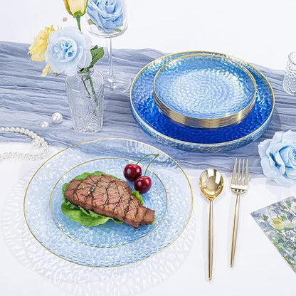 SUT 100Pcs Blue Plastic Plates, Hammered Plates Disposable Heavy Duty, Blue Disposable Plates With Gold Rim, Fancy Plastic plates Include 50 Dinner and 50 Dessert plates for Wedding