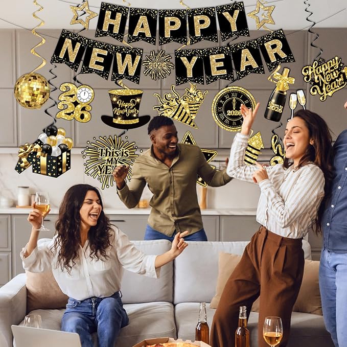 2026 New Years Decorations, Nye Year Party Decorations includes Happy New Year Banner and Hanging Swirl, NYE Party Supplies 2026 for News Years Eve Party Decor Indoor Outdoor Classroom Office