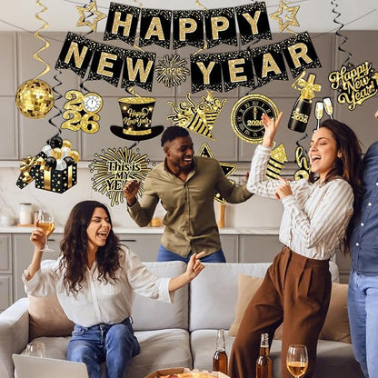 2026 New Years Decorations, Nye Year Party Decorations includes Happy New Year Banner and Hanging Swirl, NYE Party Supplies 2026 for News Years Eve Party Decor Indoor Outdoor Classroom Office
