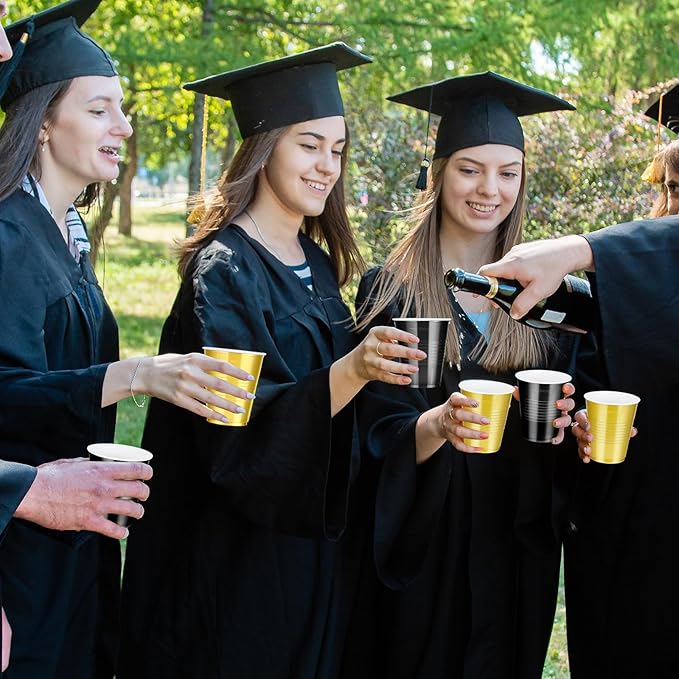100 Pcs Black and Gold Plastic Cups 12 oz, Bulk Gold and Black Disposable Party Graduation Cups for Graduation New Year Wedding Birthday Christmas Theme Party Supplies Decorations