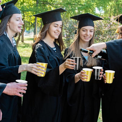100 Pcs Black and Gold Plastic Cups 12 oz, Bulk Gold and Black Disposable Party Graduation Cups for Graduation New Year Wedding Birthday Christmas Theme Party Supplies Decorations