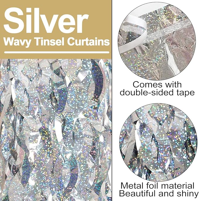 4 Pack Silver Fringe Curtain Backdrop 3.2Ft x 8.2Ft Metallic Tinsel Foil Fringe Streamers Background for Photo Booth, Easter, Mother's Day, Bachelorette, Wedding, Birthday Party Decoration