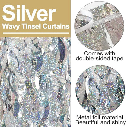 4 Pack Silver Fringe Curtain Backdrop 3.2Ft x 8.2Ft Metallic Tinsel Foil Fringe Streamers Background for Photo Booth, Easter, Mother's Day, Bachelorette, Wedding, Birthday Party Decoration