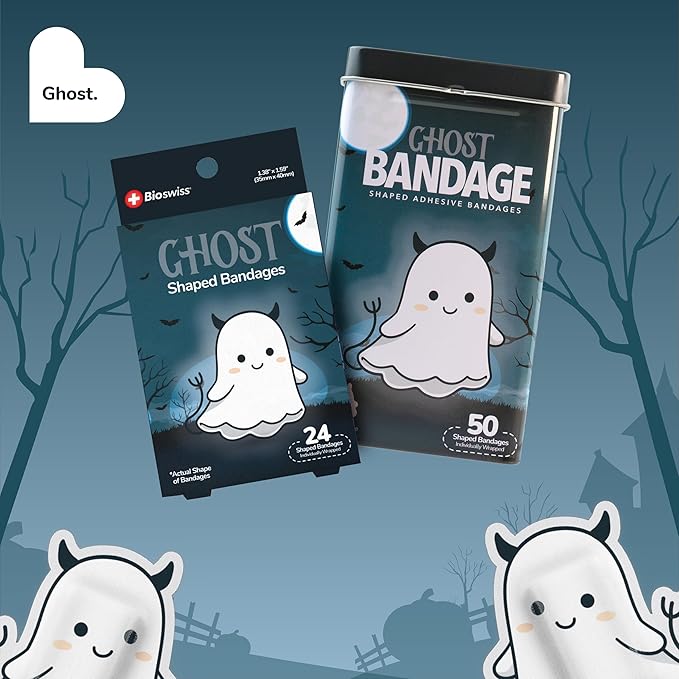 BioSwiss Kids Bandages, Halloween Ghost Shaped Self Adhesive Bandage Set, Latex Free, Sterile Wound Care, 50 Count