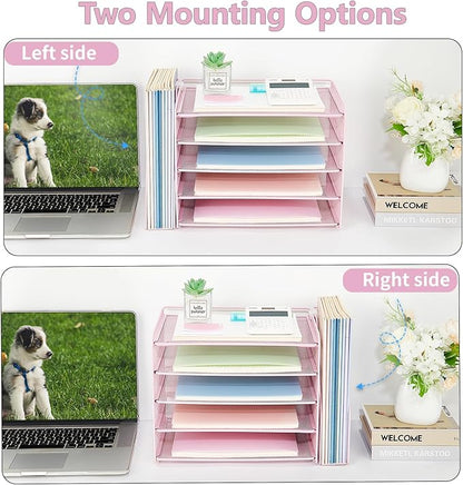OPNICE 5-Tier Paper Organizer with Magazine Holder, Desk Organizers and Accessories, Office Desk Accessories & Workspace Organizers, Desktop File Organizer for Office Supplies Storage, Pink