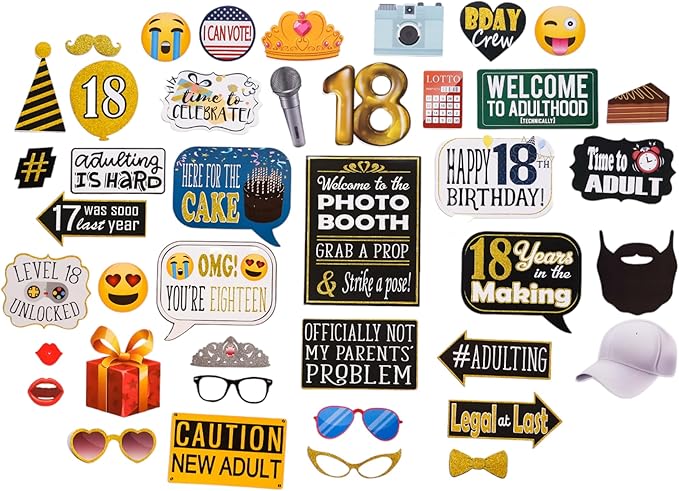 18th Birthday Photo Booth Props - 41-pc Photobooth Kit with 8 x 10-Inch Sign, 60 Adhesive Pads, 45 Sticks - 18th Birthday Decorations for Girls and Boys - 18 Photo Booth Props