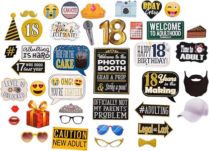 18th Birthday Photo Booth Props - 41-pc Photobooth Kit with 8 x 10-Inch Sign, 60 Adhesive Pads, 45 Sticks - 18th Birthday Decorations for Girls and Boys - 18 Photo Booth Props