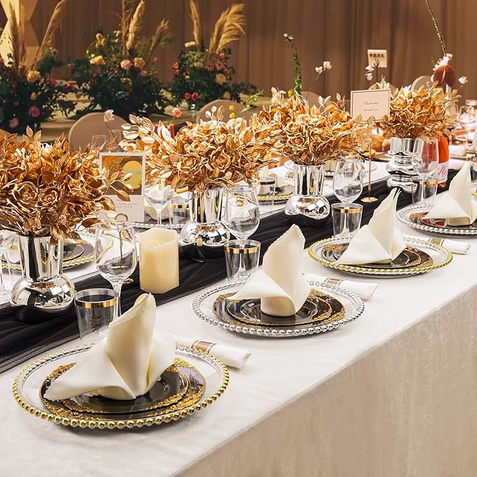 Hioasis 175pcs Black and Gold Plastic Plates - Elegant Disposable Dinnerware Set Suitable for 25 Guests Include 10.25" Dinner & 7.5" Dessert Plates, Cutlery, Napkins, Cups for Party & Wedding