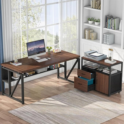Tribesigns 63" Executive Deskwith Drawer Cabinet, L Shaped Desk and lateral File Cabinet, 2 Piece Home Office Furniture Set with Drawers for Hanging, Doors with Locks (Dark Brown, 63 inches)