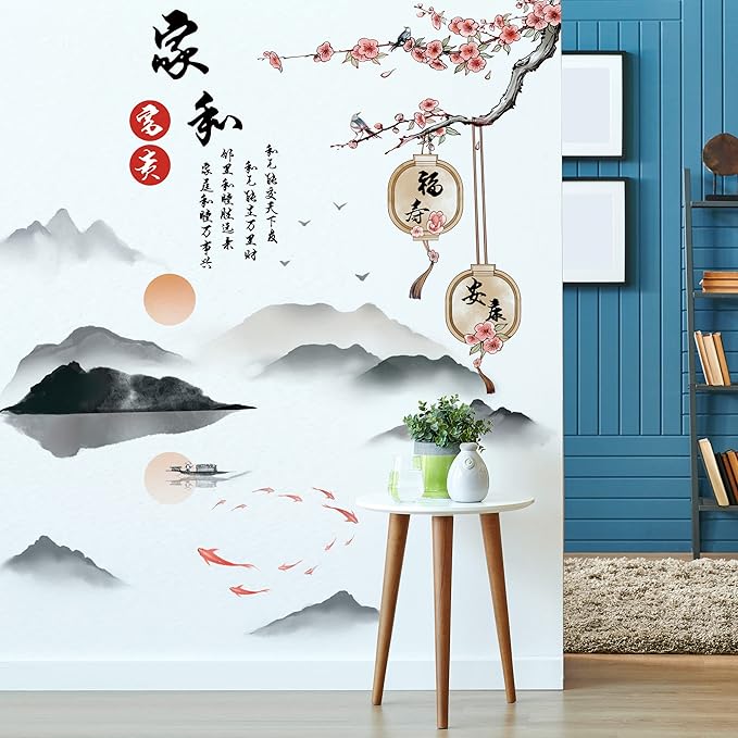 Removable 3D Chinese Style Landscape Mountain Water Wall Decals Chinese Characters Family and Peace with Plum Flower Tree Branches Wall Murals for Bedroom Living Room TV Sofa Background