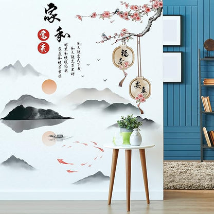 Removable 3D Chinese Style Landscape Mountain Water Wall Decals Chinese Characters Family and Peace with Plum Flower Tree Branches Wall Murals for Bedroom Living Room TV Sofa Background