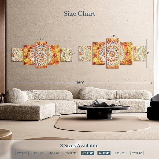 ElephantStock - Sun Like Mandala Symbols Wall Art - Horizontal Multi Panel Canvas - 5 Piece Living Room Wall Decor - Digital Art Elements Multi Piece Wall Art - Orange And Blue Decor - 74" x 34"