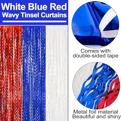 4 Pack White Blue Red Fringe Curtain Backdrop 3.2Ft x 8.2Ft Metallic Tinsel Foil Fringe Streamers Background for Photo Booth Mother's Day, Easter, Carnival, Birthday, Wedding Party Decoration